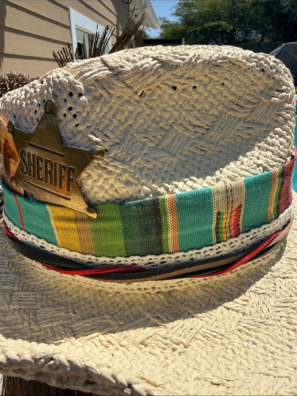 Custom straw cowboy hat w Peacock,feathers leather ,vintage cloth, card sheriff - Picture 10 of 17